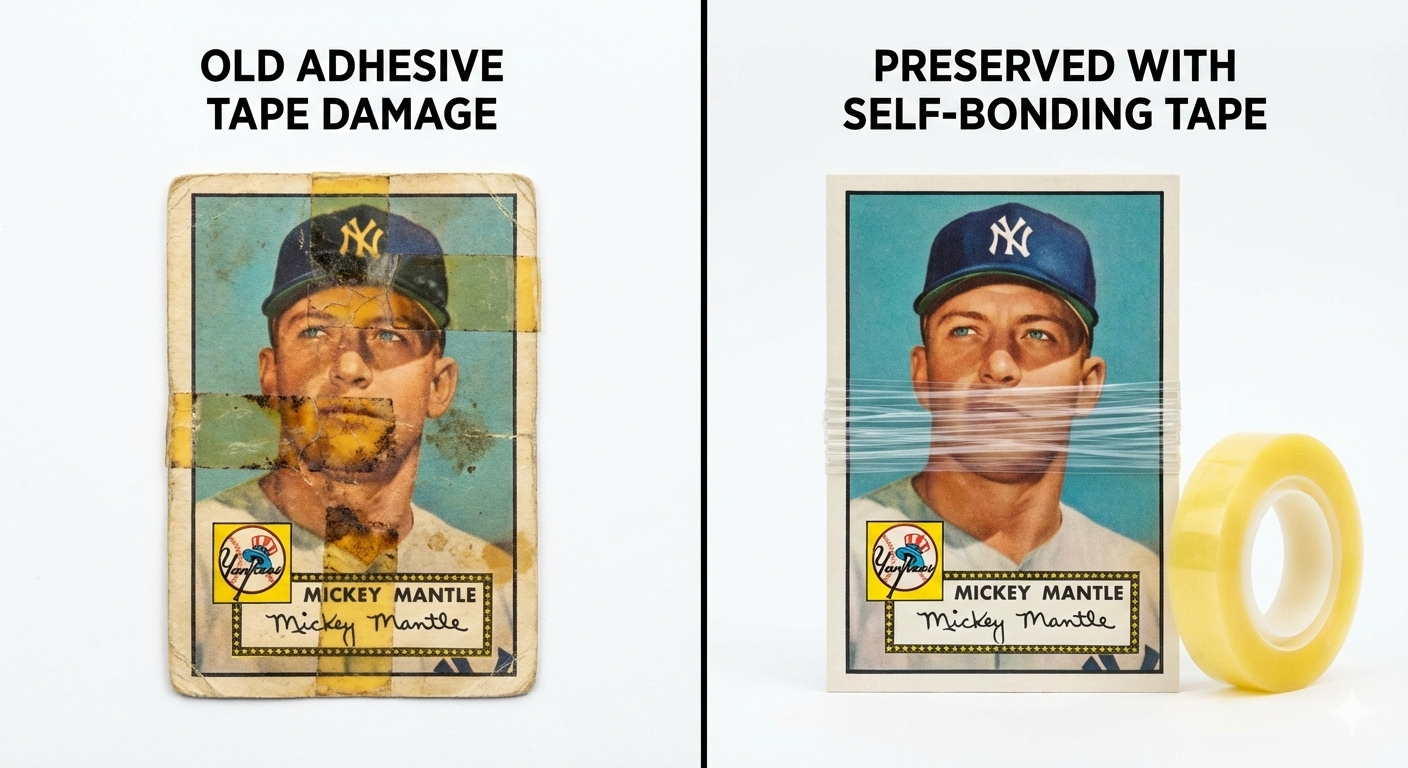 Comparison showing vintage baseball card damaged by old adhesive tape versus card preserved with self-bonding tape