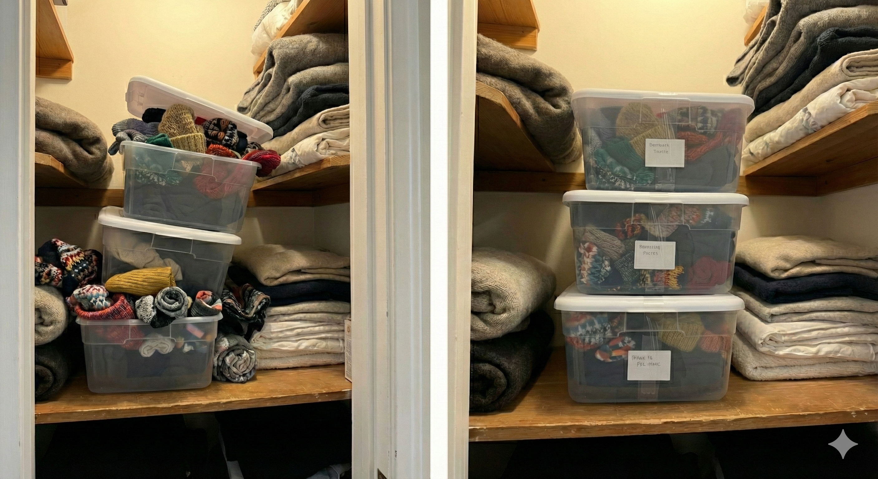 Organized storage bins with Banana Tape labels, image 2 of 6