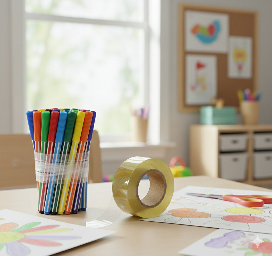 Parents organizing kids' art supplies