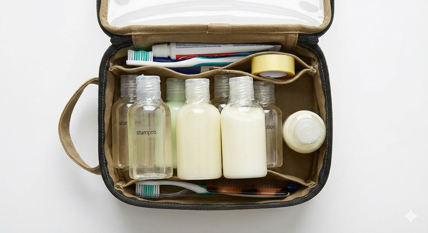 Travelers packing toiletries and cords