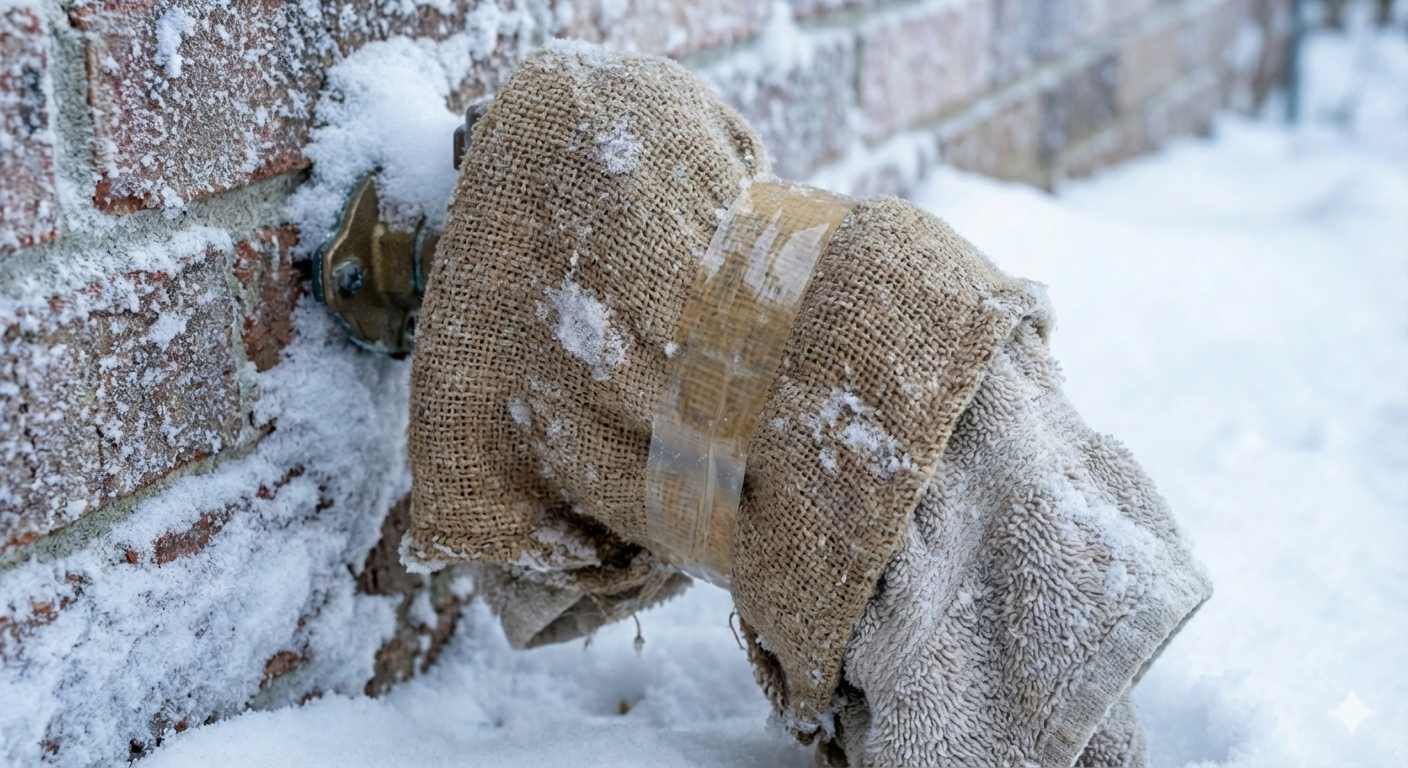 Freeze-proof tape on outdoor faucet in snow